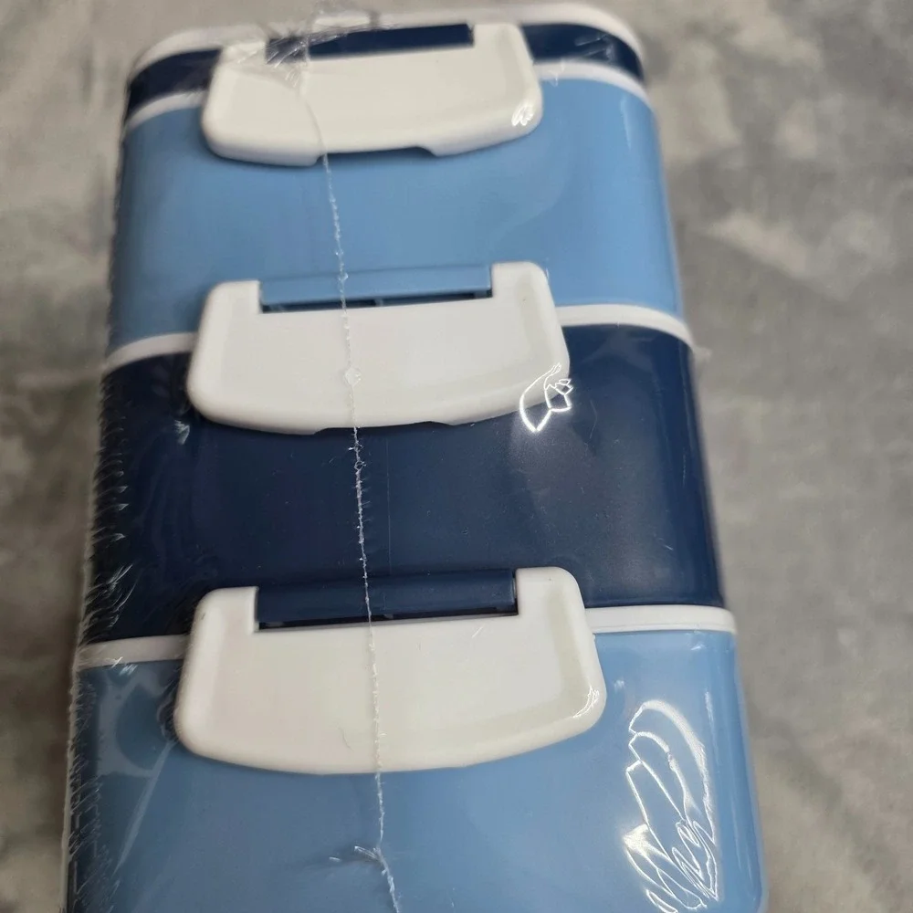 Tommy Bahama Blue Bento Box 3-Tiers, Leakproof With Handle And Utensils-NEW